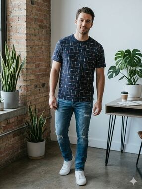 ​BEN SHERMAN Geo Print Tee Mid Century Modern Geometric Navy Blue Size Medium